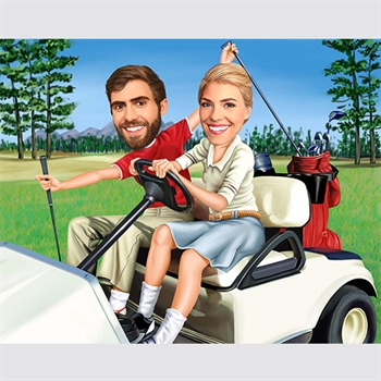 Couple Caricature Taking a Cruise Together in A Golf Course,by myDaVinci - myDaVinci